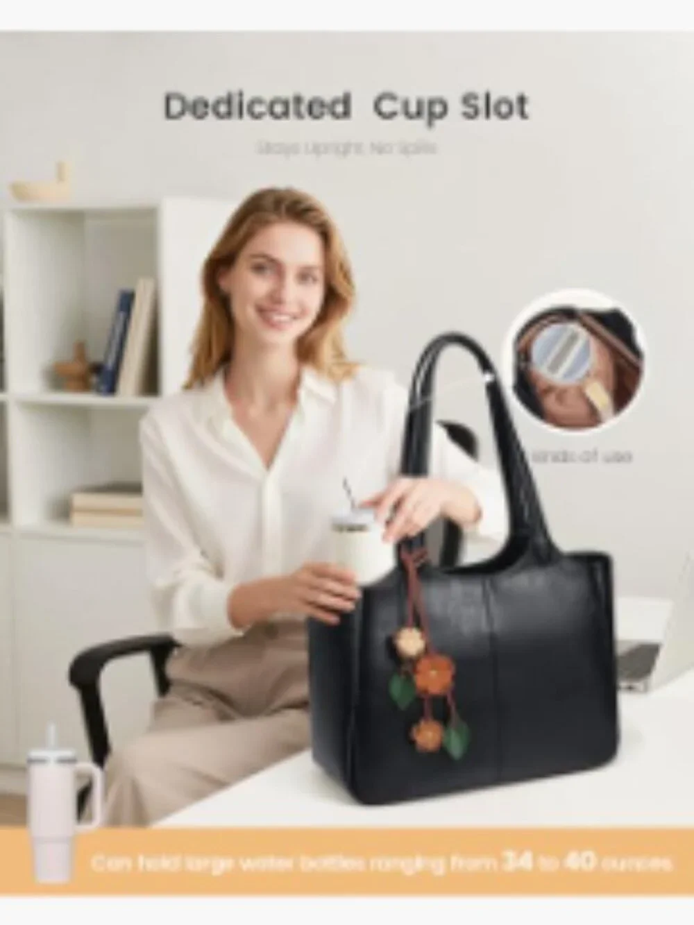 Extra Large Faux Leather Tote Bag with 40oz Cup Holder, Laptop Compartment, 6